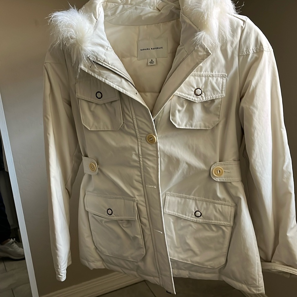 Banana Republic White Fur-Trimmed Jacket